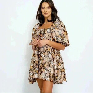 Storia Black Brown Orange Fall Winter Floral Babydoll Dress Puff Sleeves Size S